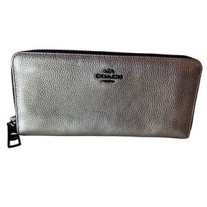 Coach Metallic Silver Leather Accordion Zip Around Wallet